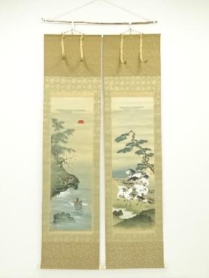 国井幸雪筆　鶴亀之図　双幅　肉筆絹本掛軸（共箱）
